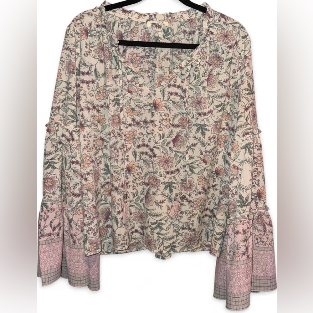 Lovestitch Boho Flowy Floral Paisley Blouse Top w Large Bell Sleeves V-Neck Tie